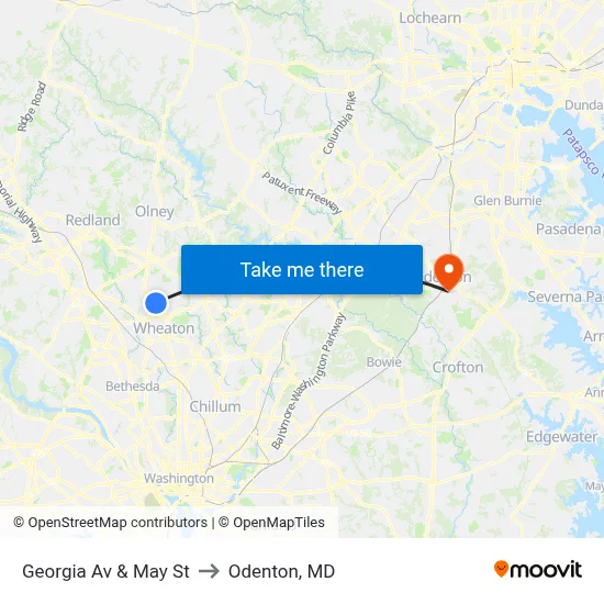 Georgia Av & May St to Odenton, MD map