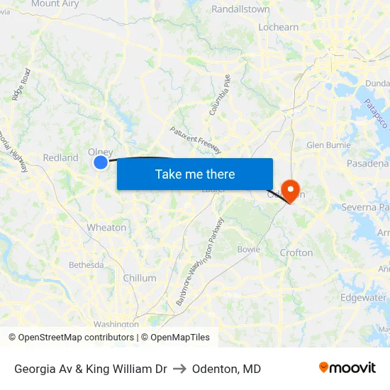 Georgia Av & King William Dr to Odenton, MD map