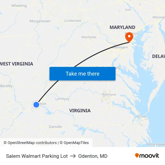 Salem Walmart Parking Lot to Odenton, MD map