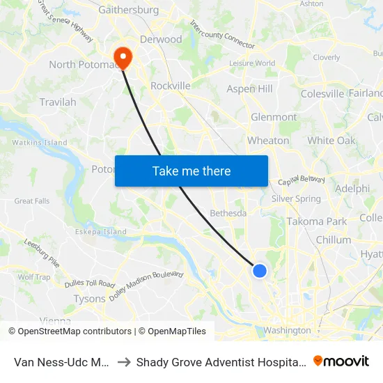 Van Ness-Udc Metro Station to Shady Grove Adventist Hospital Operating Rooms map