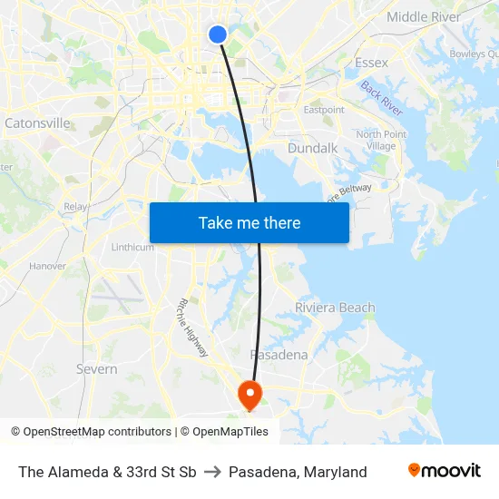 The Alameda & 33rd St Sb to Pasadena, Maryland map
