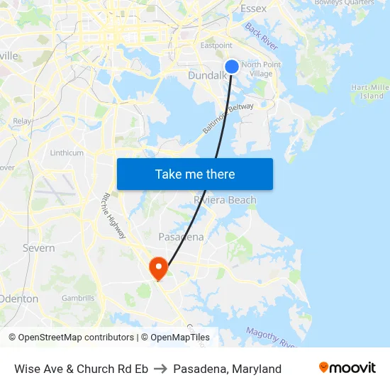 Wise Ave & Church Rd Eb to Pasadena, Maryland map