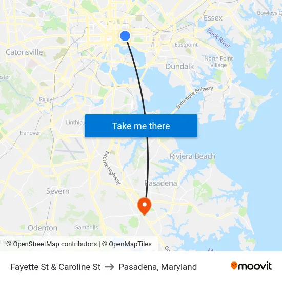 Fayette St & Caroline St to Pasadena, Maryland map