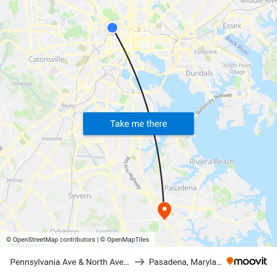 Pennsylvania Ave & North Ave Nb to Pasadena, Maryland map