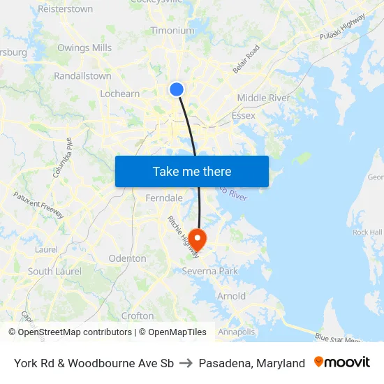 York Rd & Woodbourne Ave Sb to Pasadena, Maryland map