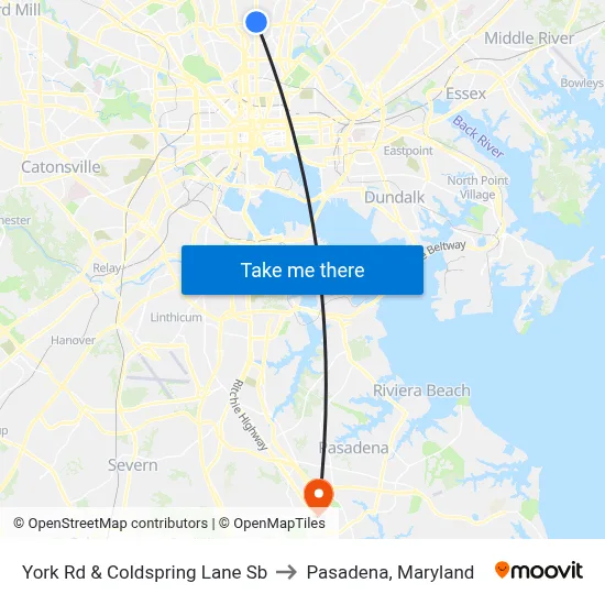 York Rd & Coldspring Lane Sb to Pasadena, Maryland map