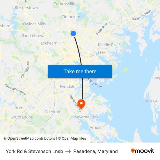 York Rd & Stevenson Lnsb to Pasadena, Maryland map