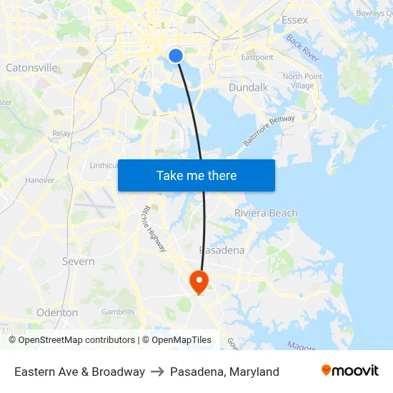 Eastern Ave & Broadway to Pasadena, Maryland map