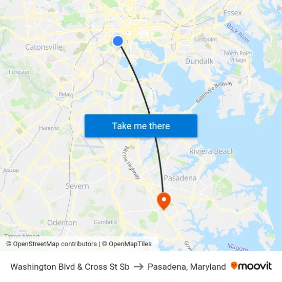 Washington Blvd & Cross St Sb to Pasadena, Maryland map