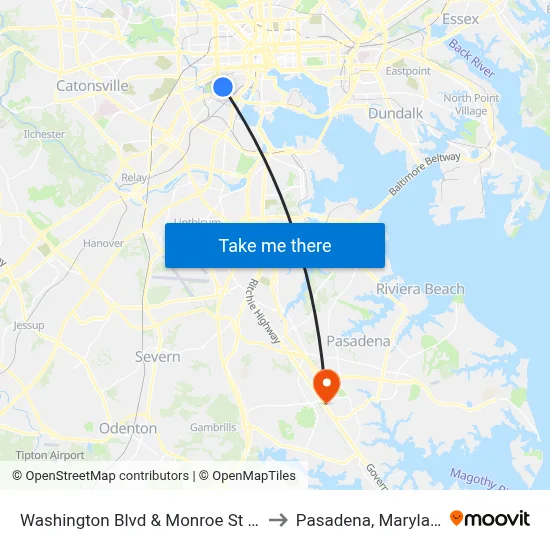 Washington Blvd & Monroe St Wb to Pasadena, Maryland map