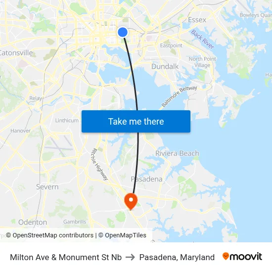 Milton Ave & Monument St Nb to Pasadena, Maryland map