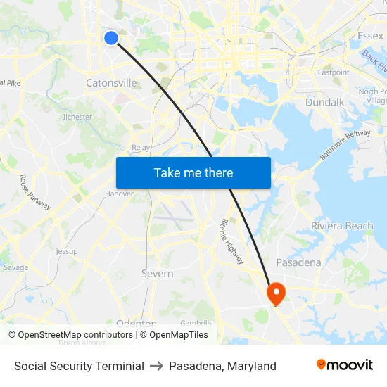 Social Security Terminial to Pasadena, Maryland map