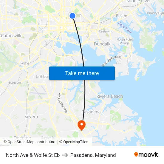 North Ave & Wolfe St Eb to Pasadena, Maryland map