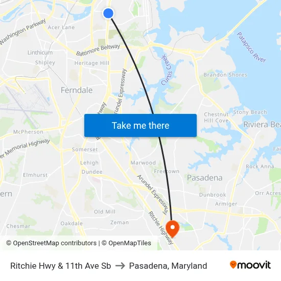 Ritchie Hwy & 11th Ave Sb to Pasadena, Maryland map
