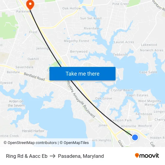 Ring Rd & Aacc Eb to Pasadena, Maryland map