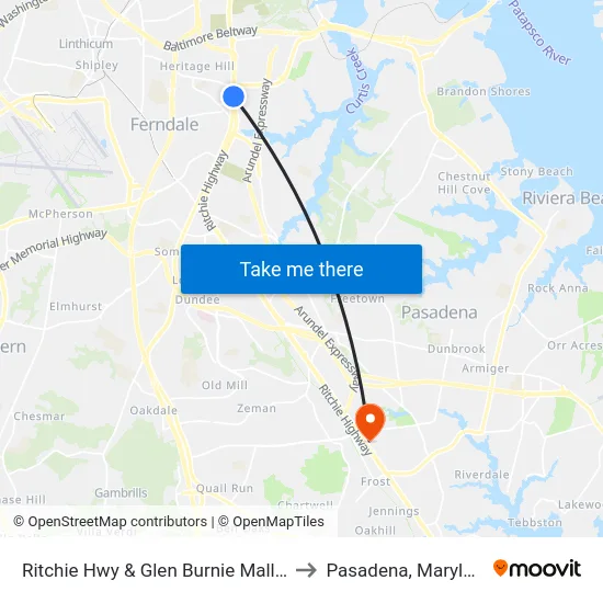 Ritchie Hwy & Glen Burnie Mall Nb to Pasadena, Maryland map