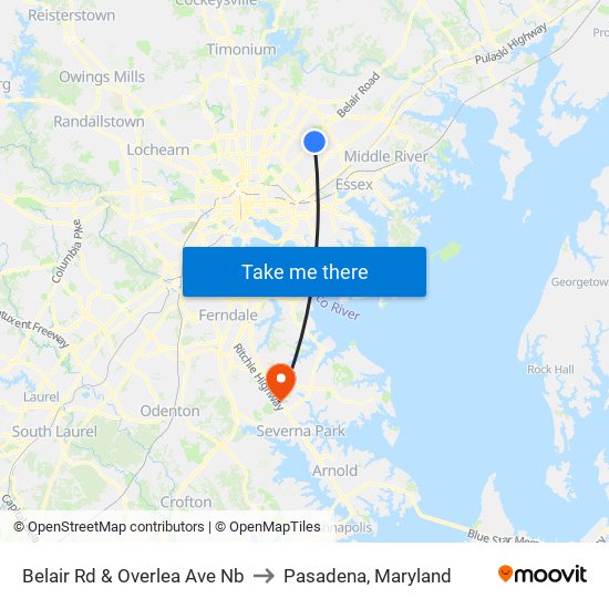 Belair Rd & Overlea Ave Nb to Pasadena, Maryland map