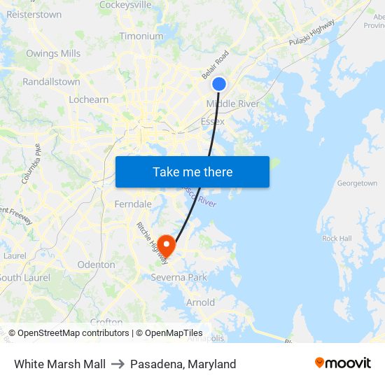 White Marsh Mall to Pasadena, Maryland map