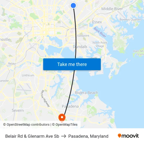 Belair Rd & Glenarm Ave Sb to Pasadena, Maryland map