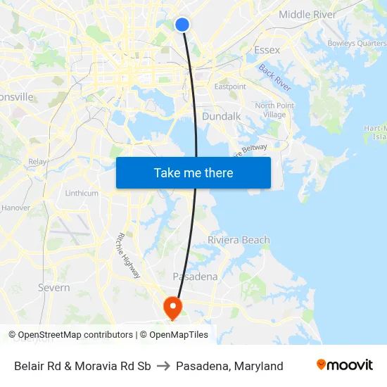 Belair Rd & Moravia Rd Sb to Pasadena, Maryland map
