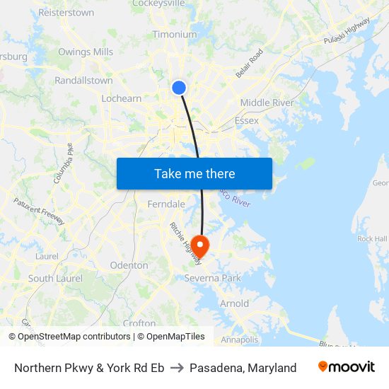 Northern Pkwy & York Rd Eb to Pasadena, Maryland map