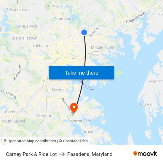 Carney Park & Ride Lot to Pasadena, Maryland map