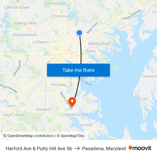 Harford Ave & Putty Hill Ave Sb to Pasadena, Maryland map