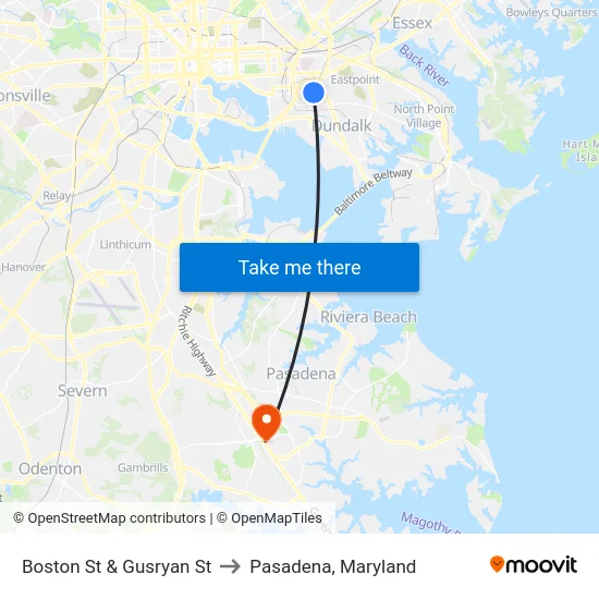 Boston St & Gusryan St to Pasadena, Maryland map
