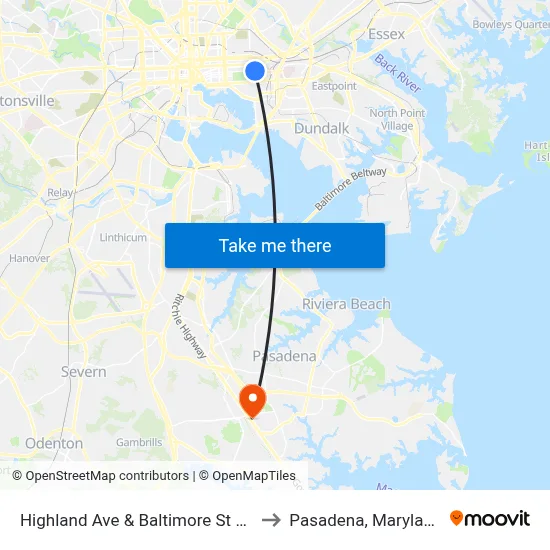 Highland Ave & Baltimore St Sb to Pasadena, Maryland map