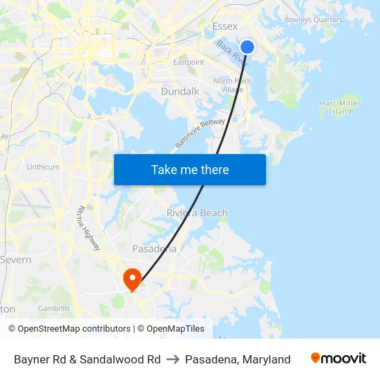 Bayner Rd & Sandalwood Rd to Pasadena, Maryland map