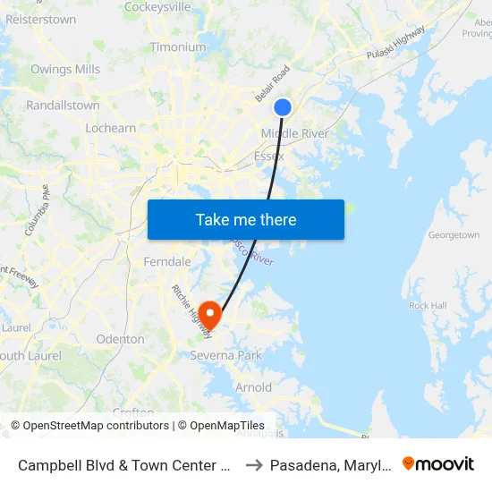 Campbell Blvd & Town Center Dr Nb to Pasadena, Maryland map