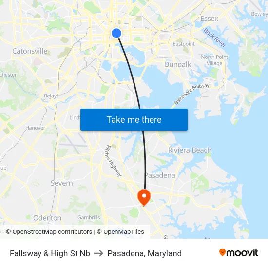 Fallsway & High St Nb to Pasadena, Maryland map