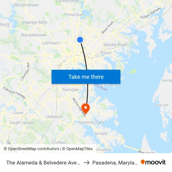 The Alameda & Belvedere Ave Nb to Pasadena, Maryland map