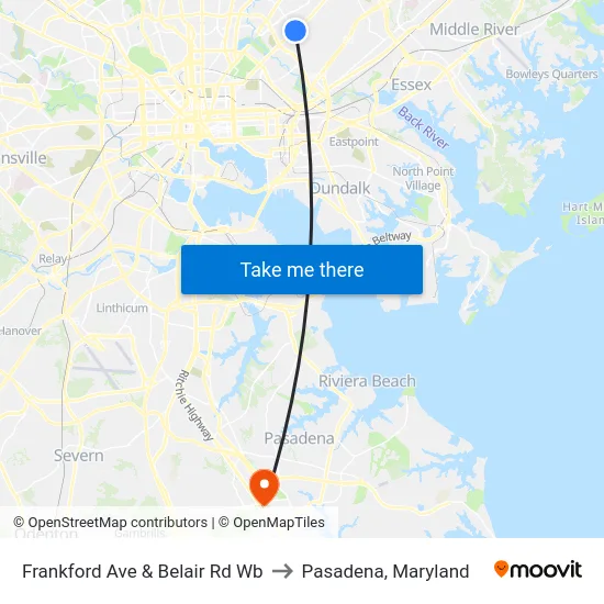 Frankford Ave & Belair Rd Wb to Pasadena, Maryland map