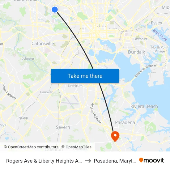 Rogers Ave & Liberty Heights Ave Sb to Pasadena, Maryland map