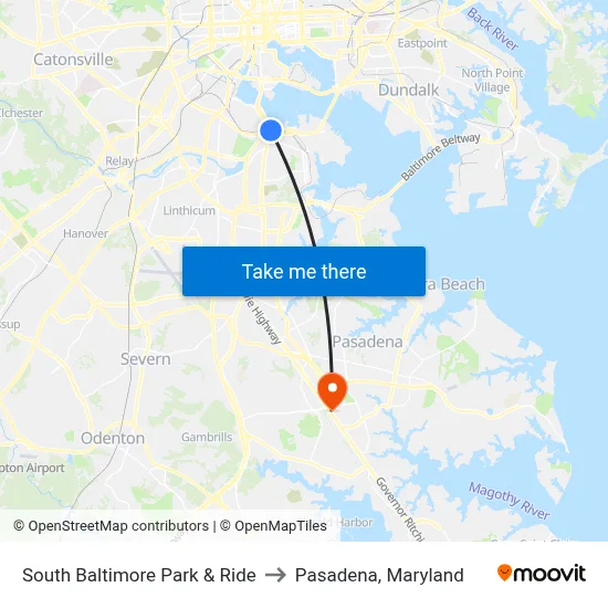 South Baltimore Park & Ride to Pasadena, Maryland map