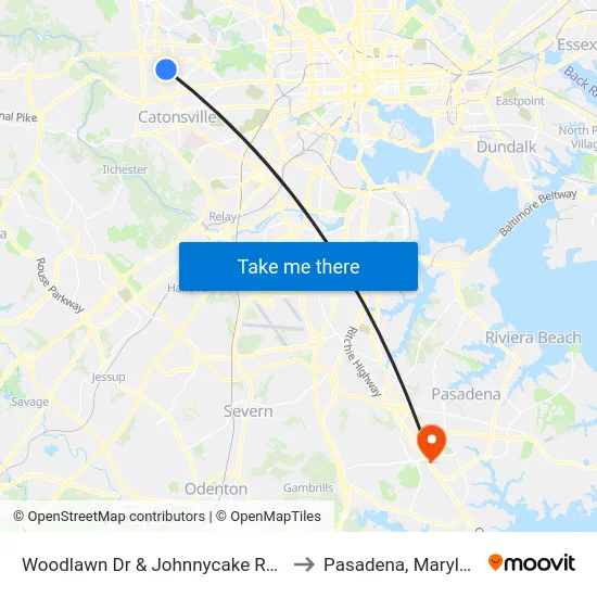 Woodlawn Dr & Johnnycake Rd Sb to Pasadena, Maryland map