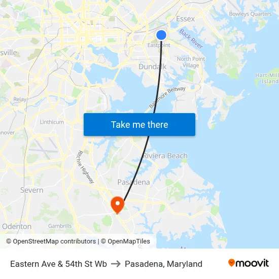 Eastern Ave & 54th St Wb to Pasadena, Maryland map