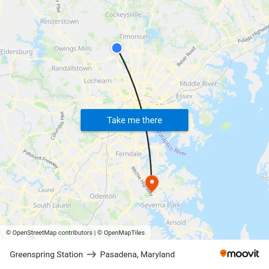 Greenspring Station to Pasadena, Maryland map