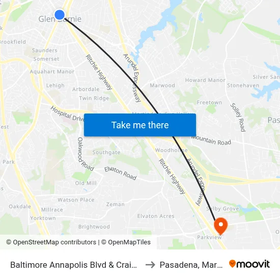 Baltimore Annapolis Blvd & Crain Hwy Eb to Pasadena, Maryland map