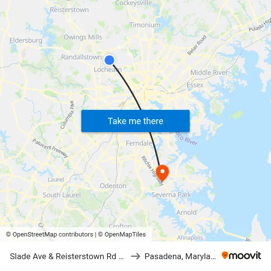 Slade Ave & Reisterstown Rd Wb to Pasadena, Maryland map