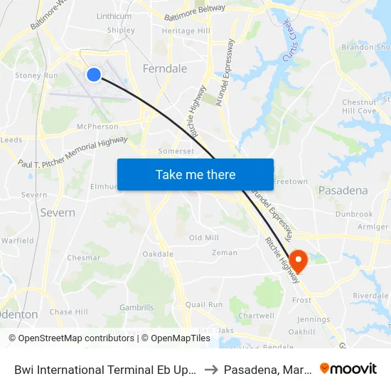 Bwi International Terminal Eb Upper Level to Pasadena, Maryland map