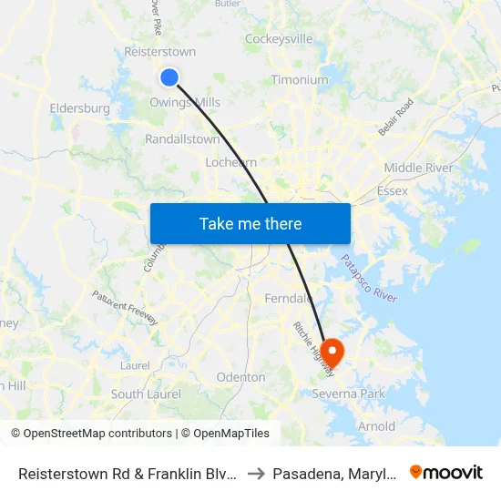 Reisterstown Rd & Franklin Blvd Sb to Pasadena, Maryland map