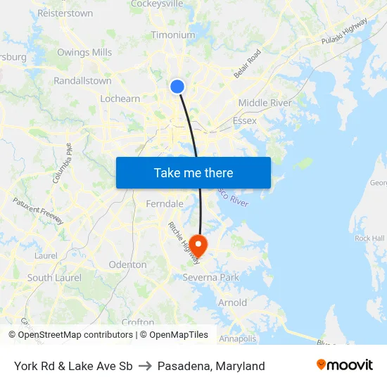 York Rd & Lake Ave Sb to Pasadena, Maryland map