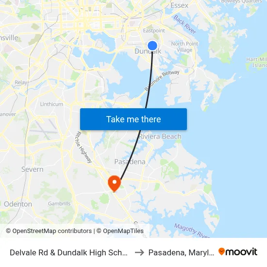 Delvale Rd & Dundalk High School Nb to Pasadena, Maryland map