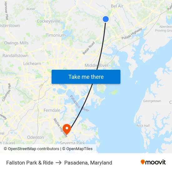 Fallston Park & Ride to Pasadena, Maryland map