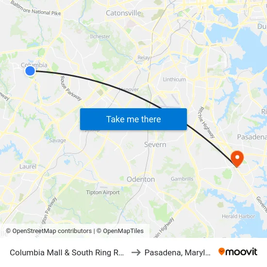 Columbia Mall & South Ring Rd Eb to Pasadena, Maryland map