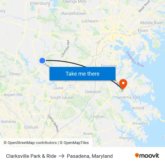 Clarksville Park & Ride to Pasadena, Maryland map