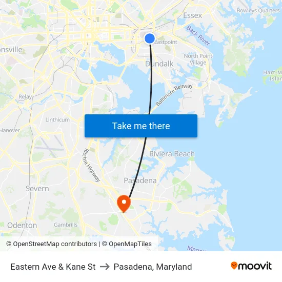 Eastern Ave & Kane St to Pasadena, Maryland map