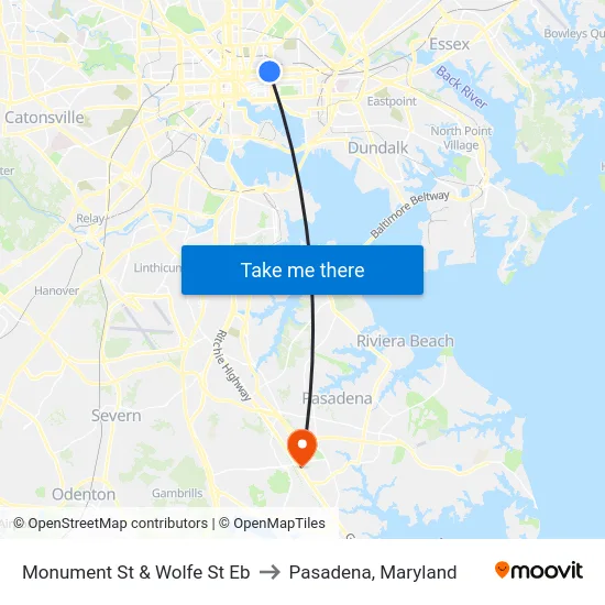 Monument St & Wolfe St Eb to Pasadena, Maryland map